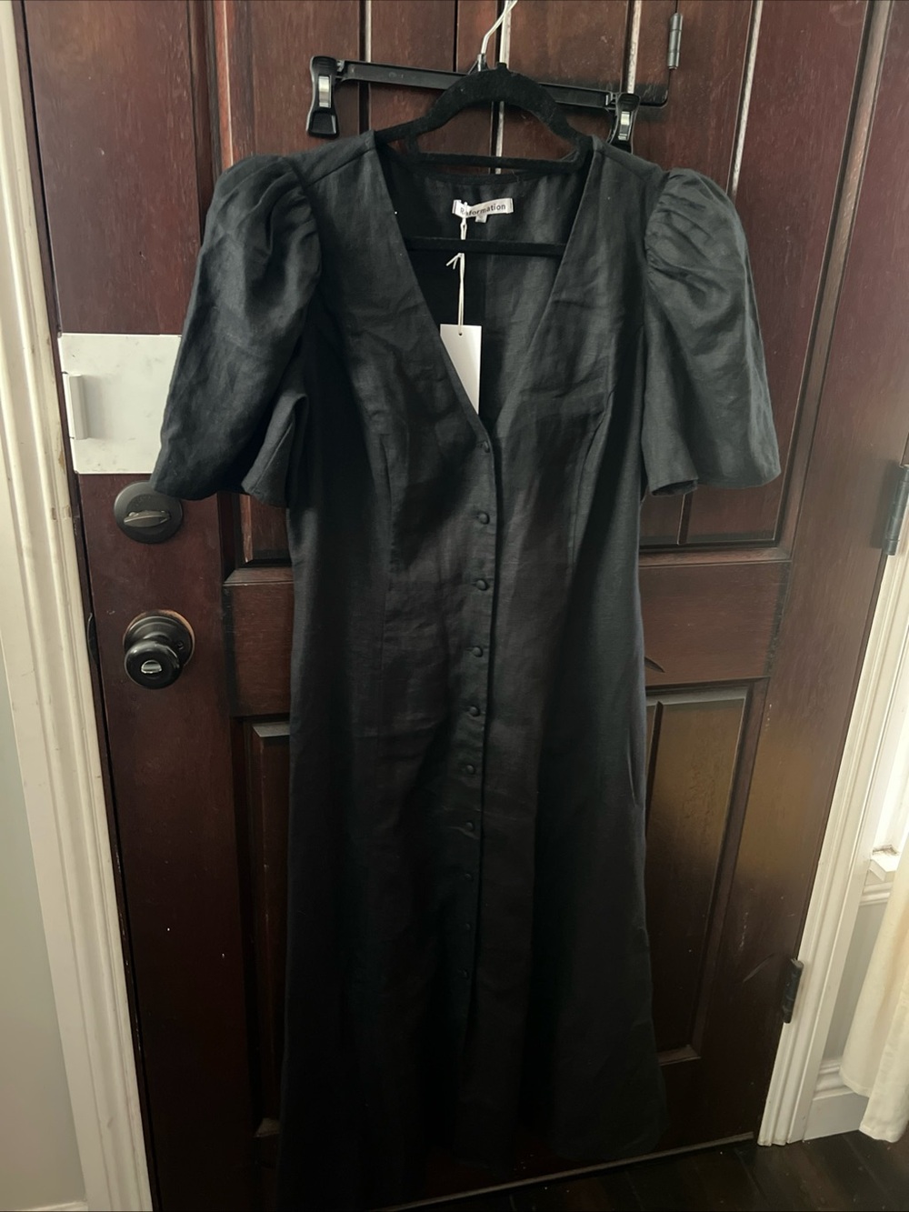 Reformation newbury Black Puff-Sleeve Button-Front Midi shirt Dress